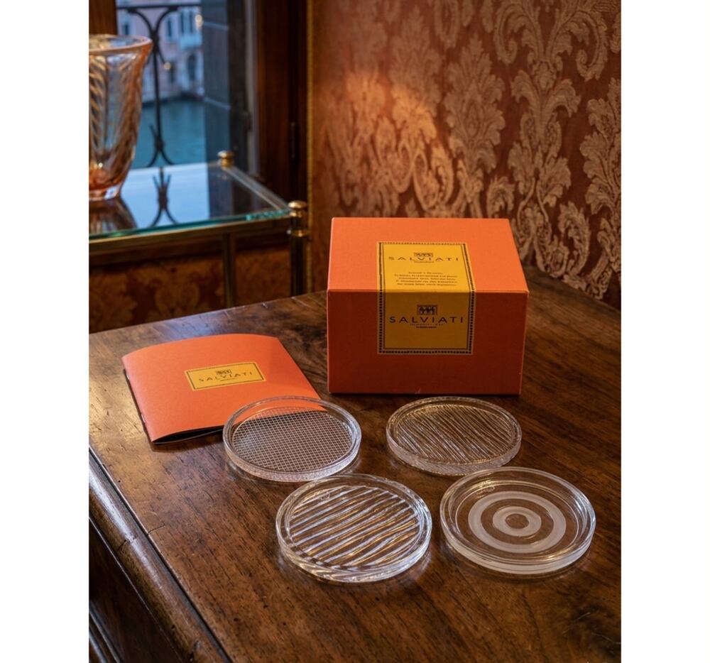 Salviati Venezia Set of 4 Crystal Coasters Art Glass with Box Vintage Italy